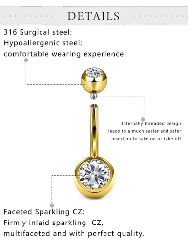 Belly Button Rings Surgical Steel Internally Threaded Belly Button Ring 10MM/12MM/14MM/16MM Navel Rings for Women Clear CZ 14G Long Bar Navel Piercing Jewelry - color: goldtone, size: 14mm bar length