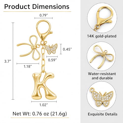 Gold Bubble Heart, Cherry, Bow & More Designs Letter Initial Keychain Bag Charms – Cute Purse Charms for Handbags - color: Bow & Butterfly, style: K