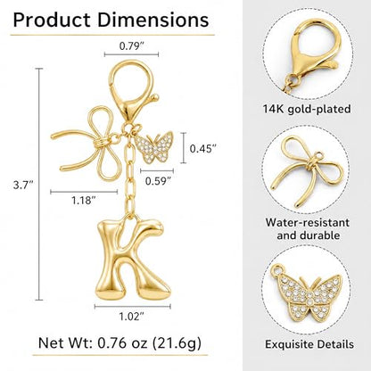 Gold Bubble Heart, Cherry, Bow & More Designs Letter Initial Keychain Bag Charms – Cute Purse Charms for Handbags - color: Bow & Butterfly, style: K
