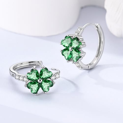 925 Sterling Silver Huggie Hoop Earrings for Women with 5A Cubic Zirconia Jewelry Birthday Gift - style: Four-leaf clover