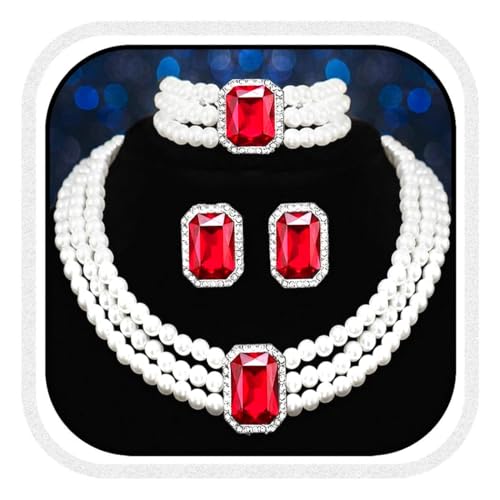 Brishow Pearl Necklace Jewelry Set Wedding Pearls Earrings Necklaces Set Bridal Crystal Bracelet Jewelry for Women (Pack of 3) - color: Red, size: 3 Layered