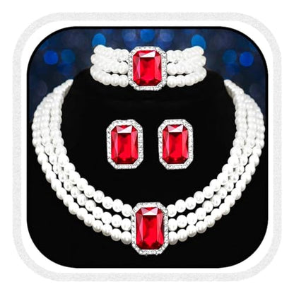 Brishow Pearl Necklace Jewelry Set Wedding Pearls Earrings Necklaces Set Bridal Crystal Bracelet Jewelry for Women (Pack of 3) - color: Red, size: 3 Layered