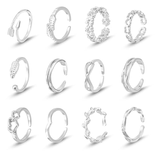 Ouligay 12PCS Toe Rings for Women Non Tarnish Silver Adjustable Toe Rings Set with Open Flower Toe Ring, Copper Crafted, Perfect Summer Beach Jewelry - color: Silver