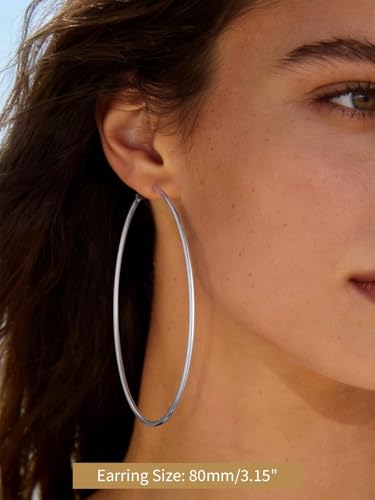 FindChic Thin Hoop Earrings for Women,Silver/Black/Gold Plated 20-100mm - color: Silver, size: 80mm