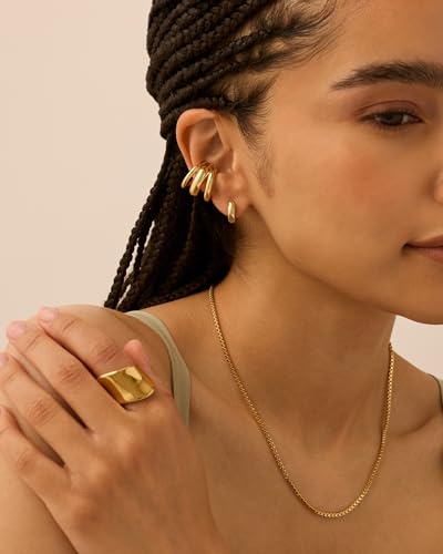 PAVOI 14K Gold Plated 925 Sterling Silver Round Huggie Ear Cuff Earrings for Women | Clip On Cartilage Cuff Earrings - style: Chunky Triple