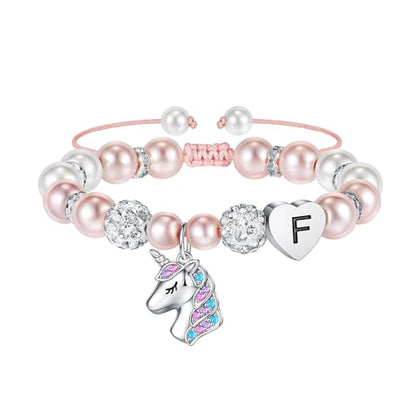 Hidepoo Gifts for Kids Girls - Unicorn Bracelets for Girls Kids, CZ Initial Unicorns Bracelet Adjustable Heart Initial Unicorn Bracelets Jewelry Birthday Gifts for Girl - style: F