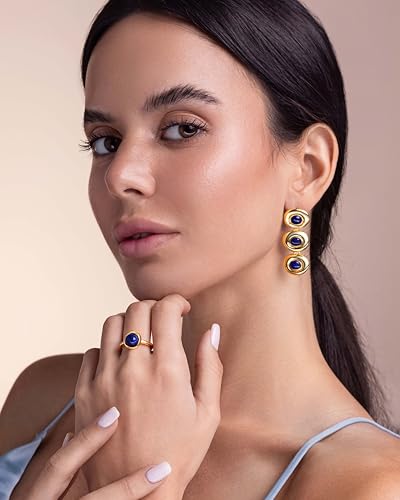 SNGIA 18K Gold Plated Adjustable Open Ring for Women Natural Stone CZ Statement Ring Tiger Eye Emerald Ruby Lapis Black Onyx Turquoise Evil Eye Boho Stackable Cocktail Ring Birthday Gift Jewelry - style: Contemporary