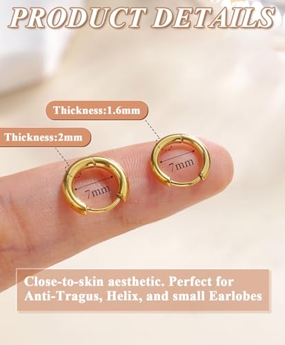 Surgical Steel Huggie Hoop Earrings & Flat Back Studs for Women Men, 6mm-14mm Small Hoops for Cartilage Helix Tragus Lobe, 1-10 Pairs Multiple Piercing Jewelry Set for Sensitive Ears - style: 1Pair,Gold,7mm(THK:1.6mm)