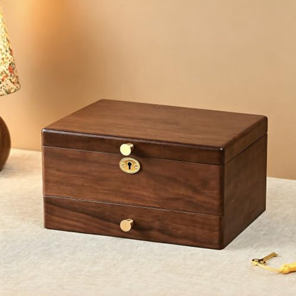 Black Walnut Jewelry Box for Women, Top Lock Wooden Organizer with Drawer | 3 Layer, Solid Wood, Removable Tray, Lock Key, Necklace Ring Earrings Watch Bracelet Case, Handcrafted, Gift for Mom Girls - color: 3 Layer Top Lock