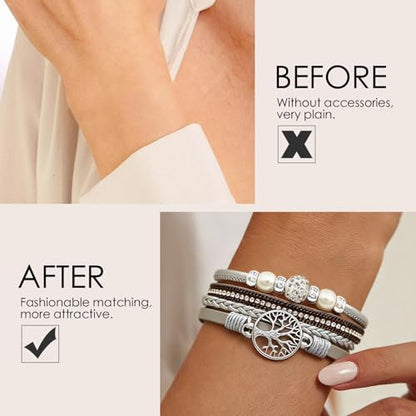 Leather Wrap Bracelets for Women, Boho Leopard Multi-Layer Crystal Beads Cuff Jewelry - color: J-Warp-046