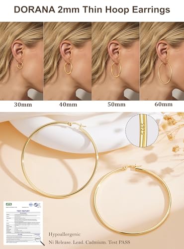 2mm Thin 14K Gold Plated Large S925 Sterling Silver Hoop Earrings for Women Hypoallergenic Big Hoop Non Tarnish Earrings Lightweight 20/30/40/50/60/70mm - color: Gold-60mm