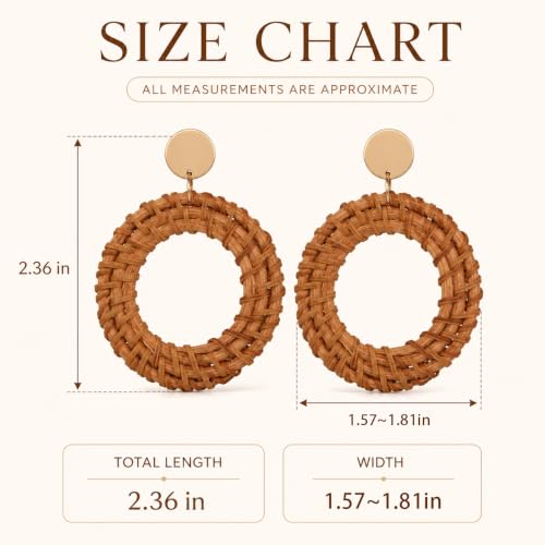 Handmade Raffia Rattan Bohemian Dangle Earrings for Women, Woven Rattan Round Drop Dangle Earrings Beach Jewelry - color: Round A