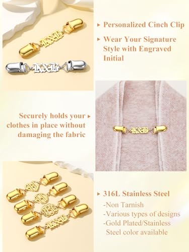 Custom4U Personalized Sweater Clips for Cardigans, Custom Name Initials Cinch Clip, Stainless Steel Dress Clips Back Cinch Shirt Clips for Women Clothing, Shawl Dress Shirts Cincher Small Brooch Jewelry Gifts - color: Gold Color-Old English Font