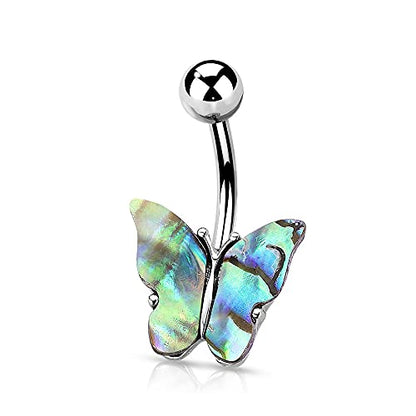 Pierced Owl - 14GA Abalone Shell Covered Butterfly 316L Surgical Stainless Steel Navel Belly Button Ring - style: Steel