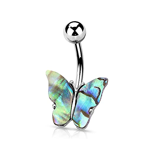 Pierced Owl - 14GA Abalone Shell Covered Butterfly 316L Surgical Stainless Steel Navel Belly Button Ring - style: Steel