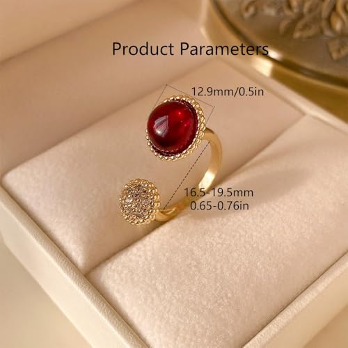 Round Red and Crystal Stone Statement Ring for Women Gold Plated Adjustable Expandable Retro CZ Open Wrap Finger Rings Comfort Fit Vintage Boho Wedding Christmas Anniversary Jewelry