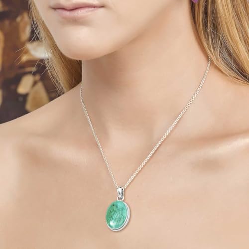 Chunky Natural Gemstone Pendant Necklace For Women Onyx, Turquoise, Amber, Garnet Oval Boho Genuine 925 Sterling Silver Handmade Jewelry - color: Amazonite