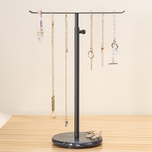 Black Necklace Holder,Adjustable T-Bar Jewelry Stand with Black Marble Base | Elegant Marble Base,Adjustable Height T-Bar Design,Minimalist Jewelry Display,for Bedroom and Dresser,Necklace Organizer - color: Black