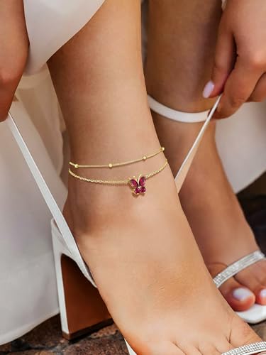 Richsteel Double Layer Heart/Butterfly Birthstone Anklet for Women | Non Tarnish Waterproof, Silver/Gold/Black Stainless Steel 8.5-10.5 Inch Adjustable Chain Anklets Summer Beach Foot Jewelry - color: Gold Butterfly-07 Jul.(Ruby)