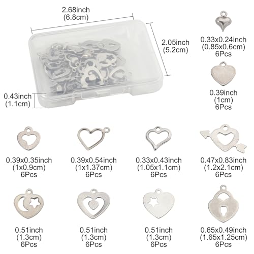 8-64Pcs Silver Goldern Color Heart Pendants Charms 10 Styles Heart Stainless Steel Metal Charms for Jewelry Making Crafting Necklaces Bracelets Earrings Keychains Birthday Gift - color: Silver-60 pcs