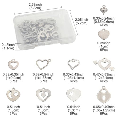 8-64Pcs Silver Goldern Color Heart Pendants Charms 10 Styles Heart Stainless Steel Metal Charms for Jewelry Making Crafting Necklaces Bracelets Earrings Keychains Birthday Gift - color: Silver-60 pcs