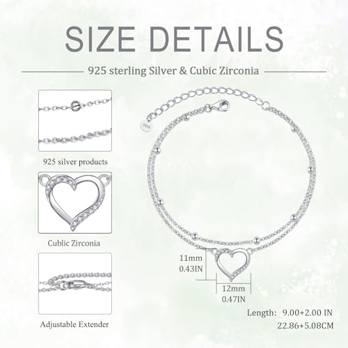 POPLYKE 925 Sterling Silver Double Layered Chain Evil Eye Daisy Sunflower Butterfly Anklets for Women Holiday Beach Crystal Ankle Bracelet Dainty Evil Eye Jewelry - style: Heart Anklet