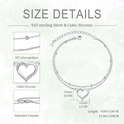 POPLYKE 925 Sterling Silver Double Layered Chain Evil Eye Daisy Sunflower Butterfly Anklets for Women Holiday Beach Crystal Ankle Bracelet Dainty Evil Eye Jewelry - style: Heart Anklet