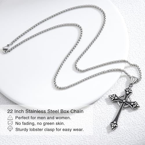 Gothic Celtic Cross Necklace, Stainless Steel Fleur De Lis Pendant | Eternity Ring Design, Reversible, Oxidized Finish, 316L Stainless Steel, Medieval Goth Jewelry, Unisex Gift, 22" Box Chain