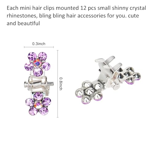 ANBALA 65PCS Mini Purple Flower Hair Clips with Rhinestone Mini Glitter Teeth Rhinestone Flower Hair Accessories No-Slip Grip Metal Jaw Clamps for Girls Women (Silver-Purple Crystal) - color: Purple