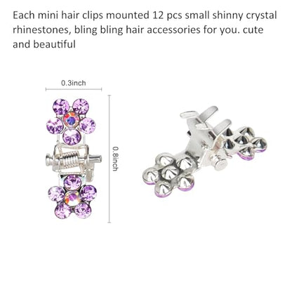 ANBALA 65PCS Mini Purple Flower Hair Clips with Rhinestone Mini Glitter Teeth Rhinestone Flower Hair Accessories No-Slip Grip Metal Jaw Clamps for Girls Women (Silver-Purple Crystal) - color: Purple