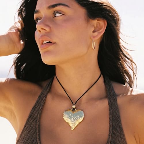 Boho Necklace for Women Large Pendant Necklace Boho Long Choker Leather Gold Necklace Vintage Earthy Jewelry Trendy