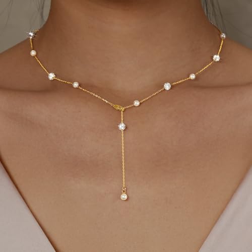 925 Sterling Silver Lariat Necklace for Women | Long 14K Gold Plated Y-Shaped Pearl Necklace CZ Crystal Ball Sparkle Necklace for Mother Daughter Bride Wedding Jewelry - color: Style 4-Gold