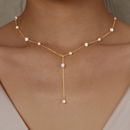 925 Sterling Silver Lariat Necklace for Women | Long 14K Gold Plated Y-Shaped Pearl Necklace CZ Crystal Ball Sparkle Necklace for Mother Daughter Bride Wedding Jewelry - color: Style 4-Gold