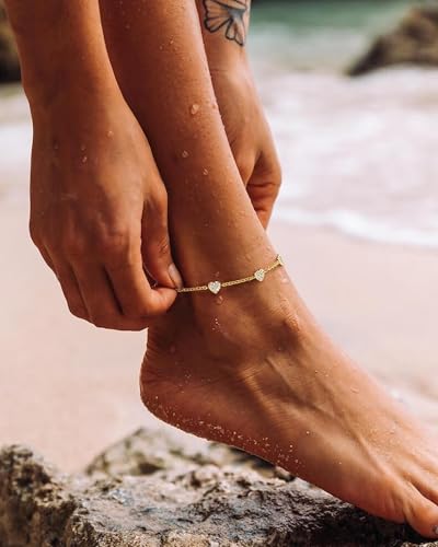 Anklets for Women Waterproof 14K Gold Plated Beach Ankle Bracelets | Dainty Summer Butterfly Clover Anklet Non Tarnish, Heart Bow Anklet, Layered Beach Jewelry, Accessories for Women Trendy - color: Gold 8