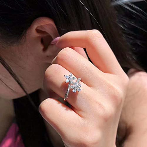 Adjustable Cubic Zirconia Ring for Women, Stackable Leaf Flower Design, Open Style Sparkling Crystal Silver Open Wrap Statement Ring
