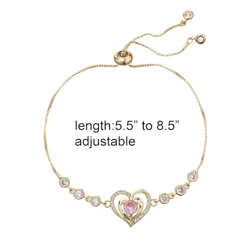 14K White Gold Plated Heart Bracelet for Women, Zircon Inlay Love Heart Charm Chain Bracelet Bangle with Adjustable Length - color: gold-pink