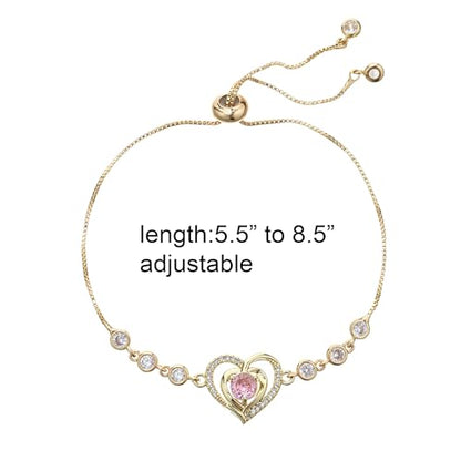 14K White Gold Plated Heart Bracelet for Women, Zircon Inlay Love Heart Charm Chain Bracelet Bangle with Adjustable Length - color: gold-pink
