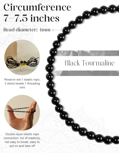 Natural Stone Beaded Bracelets for Men Women, 4mm 6mm 8mm | Healing Crystal, Protection Gemstone, Gift Packaging with Energy Card, Stretch Jewelry, Replacement Beads Included, 18 Stone - color: Black Tourmaline(Protection & Balance), size: 4mm