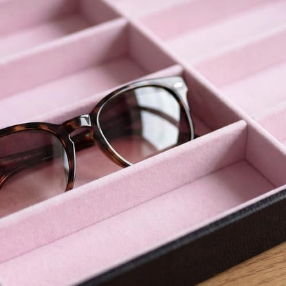 Stratalife 8 Grids Drawer Sunglasses Organizer Tray, Pink PU Velvet | Stackable Eyeglasses Storage Case with Removable Dividers, Jewelry Display Case for Necklace Bracelet, 13.78x9.5x1.2inch - color: Pink
