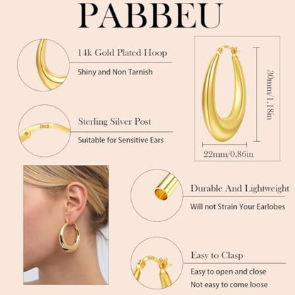 PABBEU Chunky Silver Hoops Earrings for Women Hypoallergenic | Lightweight 925 Sterling Silver Oval Hoop Earring, Sterling Silver Thick Hoop Earrings for Women Gift 25/28/30/38/40mm - color: 30mm Gold