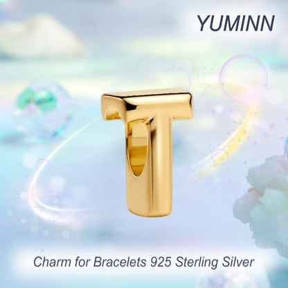 Gold Letter Charms A-Z for Bracelets 925 Sterling Silver Alphabet Initial Charms Beads Jewelry Gifts for Women - color: T