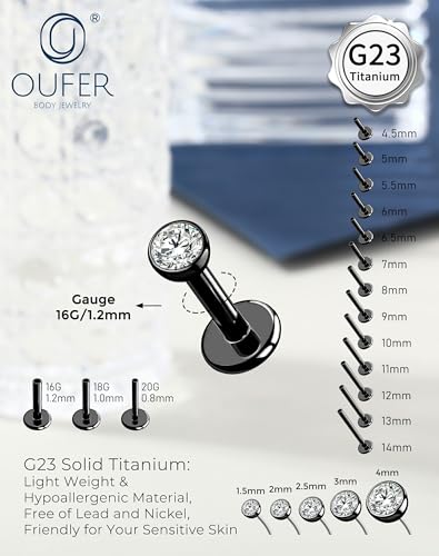 OUFER 2Pcs 20G/18G/16G G23 Titanium Threadless Nose Stud Earrings Flat Back Tiny CZ Small Nose Helix Cartilage Tragus Conch Labret Medusa Monroe Piercing Jewelry for Women Men - color: Black, size: 2pcs, 16g 5.5mm, 4mm cz
