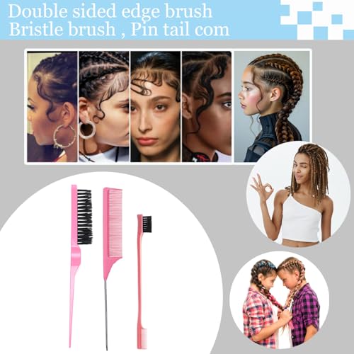 Curly Hair Brush,Curl Defining Brush plus 3 Pieces Hair Styling Comb Set(Slick Back Hair Brush,Rat Tail Comb,Edge Bristle Brush) for Combing, Shaping, Styling(Pink) - color: Pink