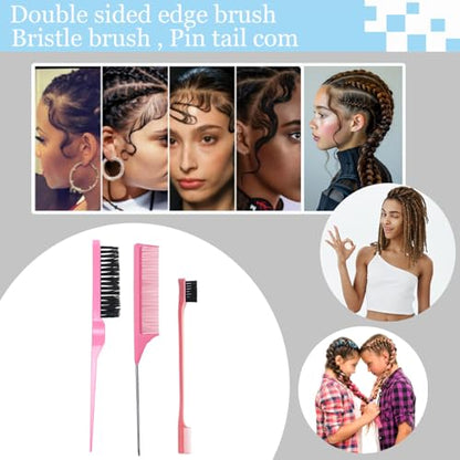 Curly Hair Brush,Curl Defining Brush plus 3 Pieces Hair Styling Comb Set(Slick Back Hair Brush,Rat Tail Comb,Edge Bristle Brush) for Combing, Shaping, Styling(Pink) - color: Pink