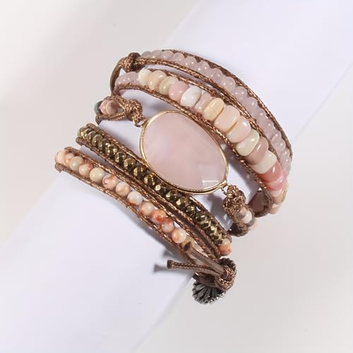 Women Wrap Bracelets Boho Natural Stone Jasper Turquoises Strand Bracelet Jewelry Collection - color: Pink 2