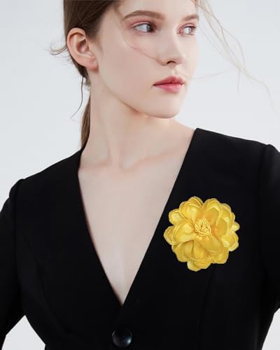 Dainty Fabric Rose Flower Large Brooch Lapel Pins Flower Brooches Pin Classic for Wedding Party Dance Banquet for Women Dress Suit Clothes Accessories Jewelry 100mm - color: Yellow