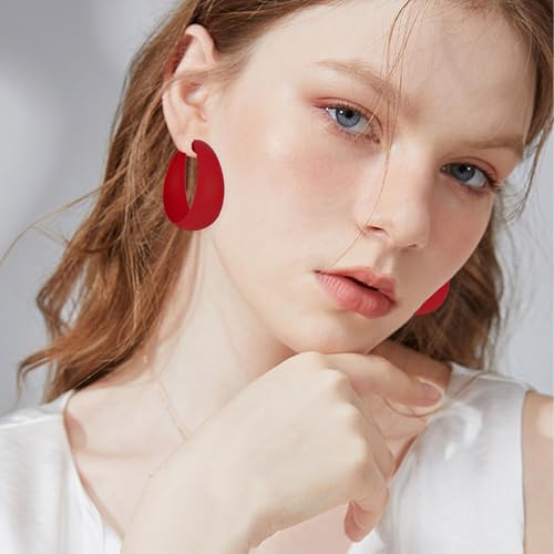 Anmpab Large Matte Round Hoop Earrings for Women Retro Geometric Pierced Neon Color Circle Dangle Earrings Party Jewelry - color: Red
