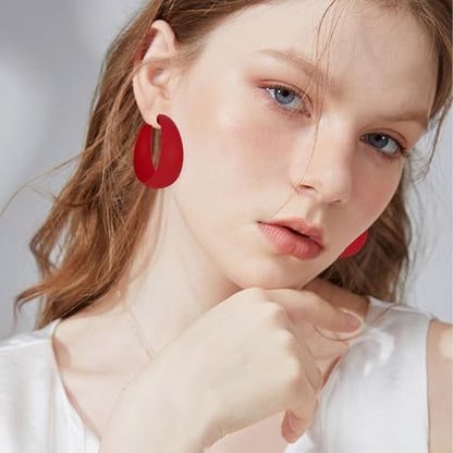 Anmpab Large Matte Round Hoop Earrings for Women Retro Geometric Pierced Neon Color Circle Dangle Earrings Party Jewelry - color: Red