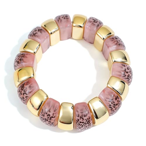 GOOJIDS Simple Beaded Gold Plated Bangles Bracelet Chunky Bamboo Tube Curved Stacking Clear Acrylic Colorful Beads Stretchable Gold Plated Bracelets Set For Women - color: B-Gold&Pink Leopard