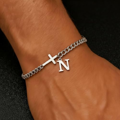 Cross Cuban Link Bracelets for Men Initial A - Z Faith Cross Bracelets, Stainless Steel Fashion Initial Charm Chain Bracelet Religious Jewelry Gift for Men - color: Silver N